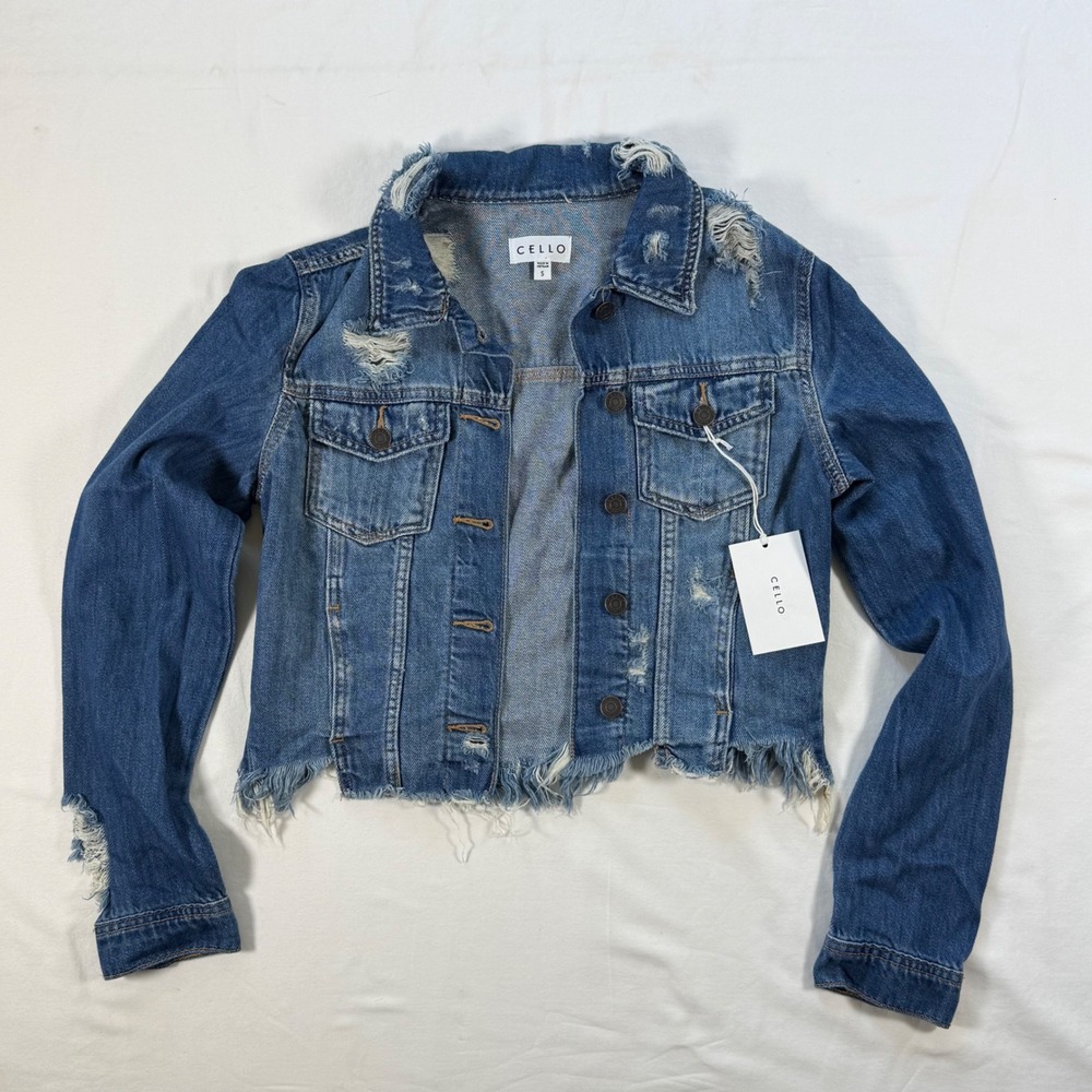 Cello Womens Distressed Cropped Denim Jacket Blue Size S Layering Summer College
